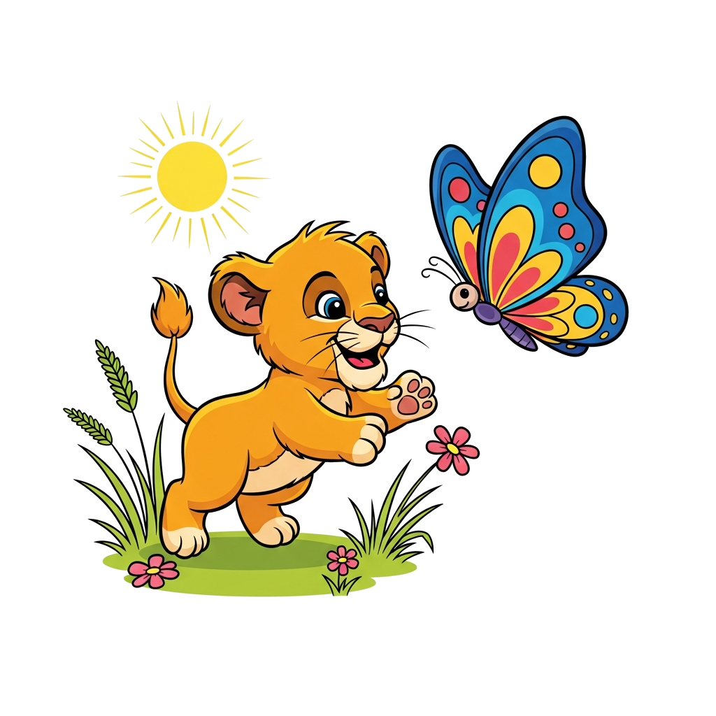 Custom design: A cheerful, cartoon-style baby lion cub playing with a colorful butterfly in a sunny meadow, vibrant and friendly ill...