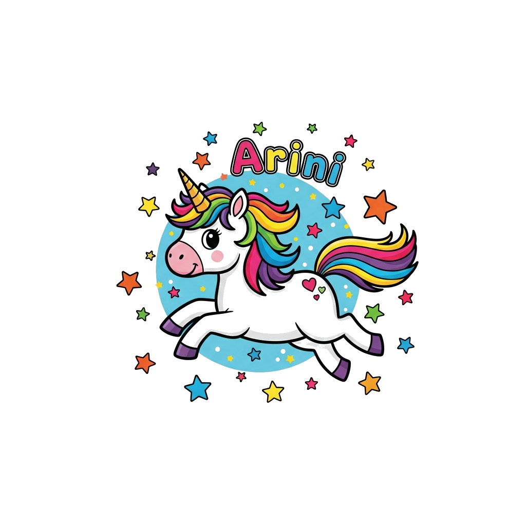 Custom design: A vibrant and playful cartoon unicorn with a rainbow mane and tail, galloping energetically across a starry sky. Bold...