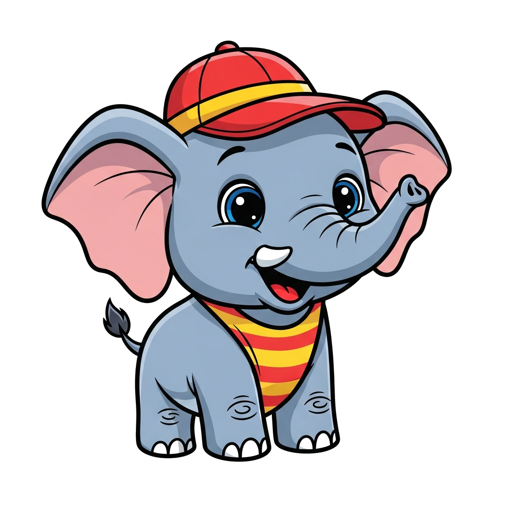 Custom design: A super cute baby elephant cartoon character, big expressive eyes, a joyful smile, standing playfully, vibrant colors...