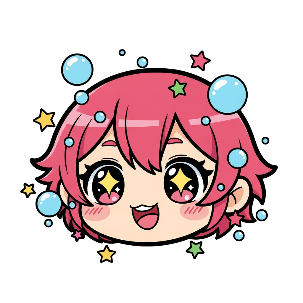 Custom design: A cheerful, chibi-style anime character with big, sparkling eyes, happily surrounded by floating bubbles and colorful...
