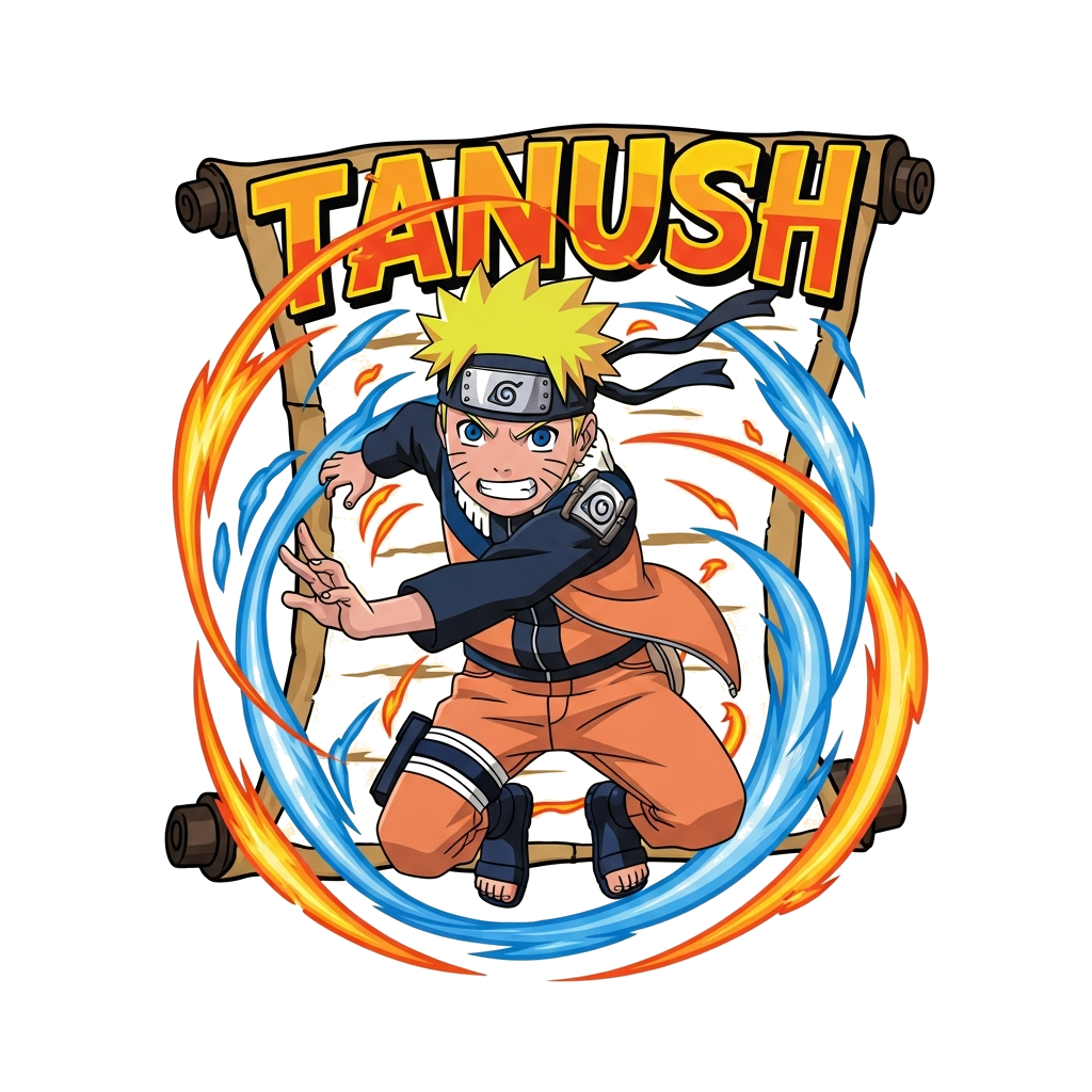 Custom design: A dynamic illustration of young Naruto Uzumaki in a powerful action pose, mid-air with a determined expression, surro...