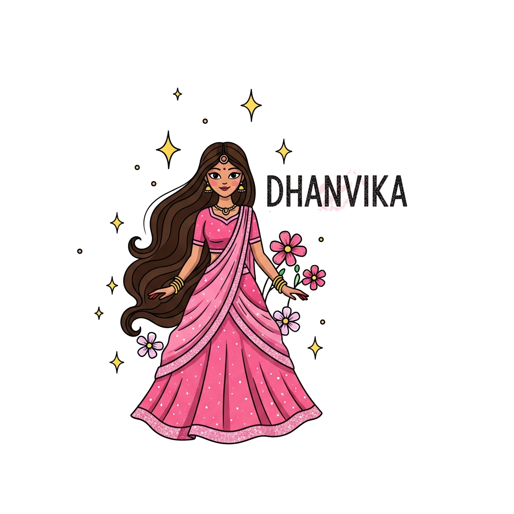 Custom design: A whimsical illustration of a graceful Indian princess character with long flowing hair, wearing a beautiful pink leh...