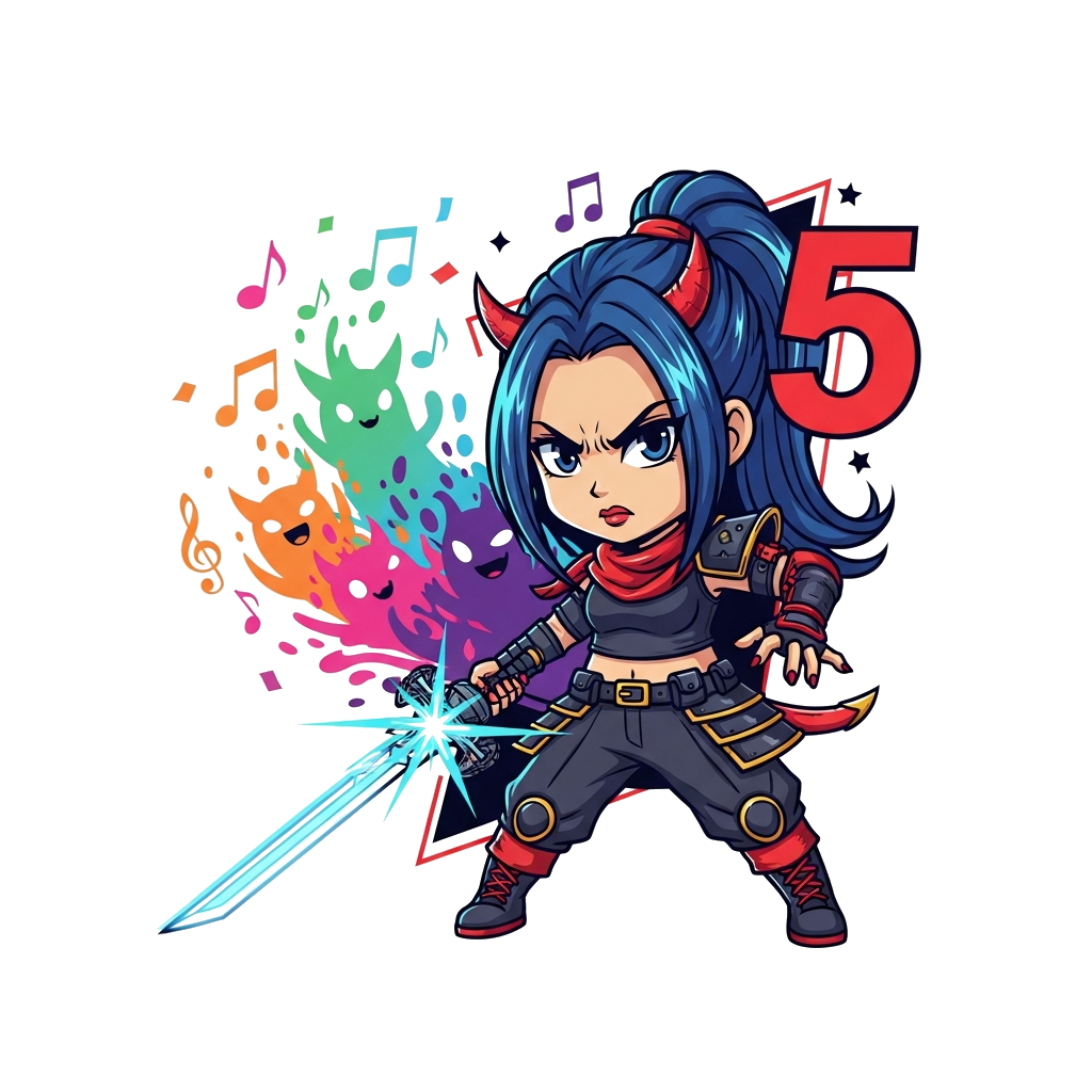 Custom design: A fierce yet adorable chibi Advika as a Kpop demon hunter, striking a powerful pose with a glowing microphone-sword, ...