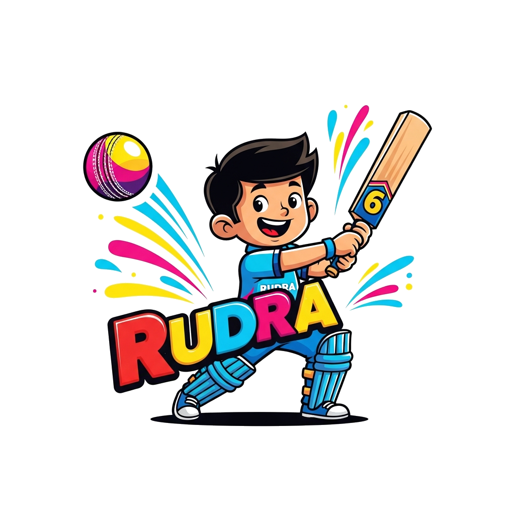 Custom design: A cheerful, vibrant cartoon boy named Rudra, in a dynamic cricket uniform, hitting a powerful six with a bat. The sce...