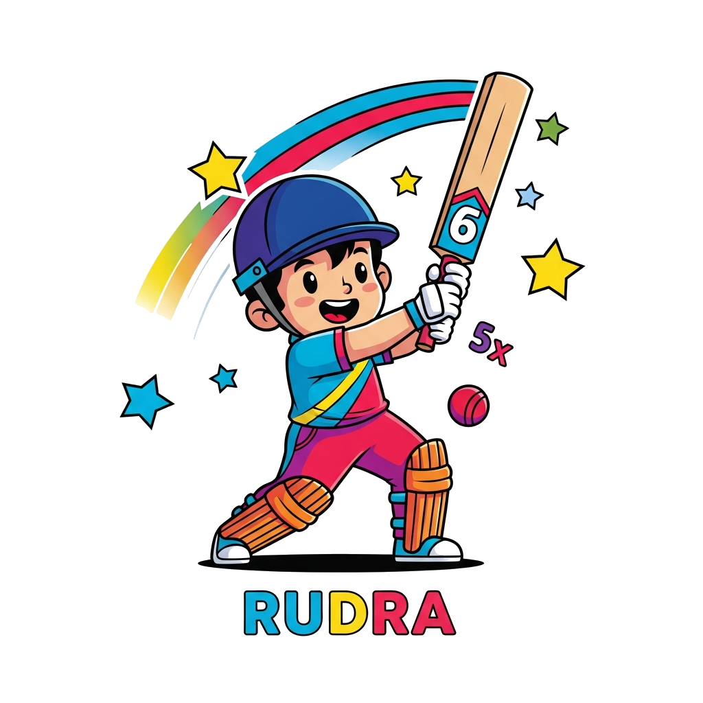 Custom design: A cute cartoon boy, Rudra, dressed in a colorful cricket uniform, hitting a six with a bat, surrounded by playful sta...