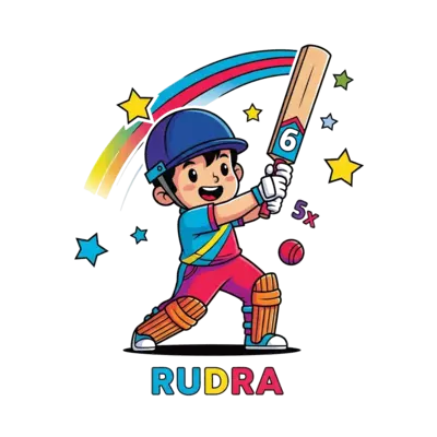 Design: A cute cartoon boy, Rudra, dressed in a colorful cricket uniform, hitting a s...