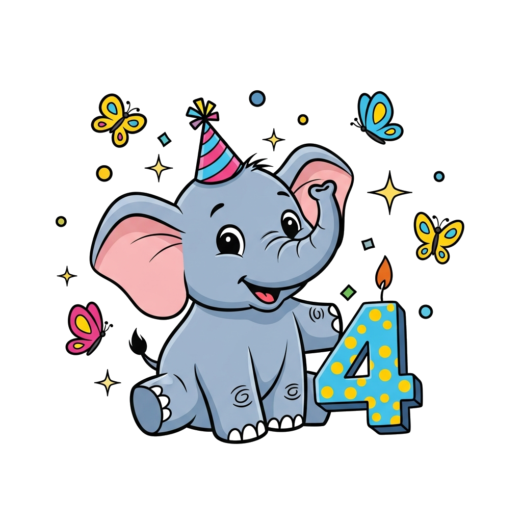 Custom design: A cheerful, cute cartoon baby elephant wearing a small party hat, playfully surrounded by colorful butterflies and sp...