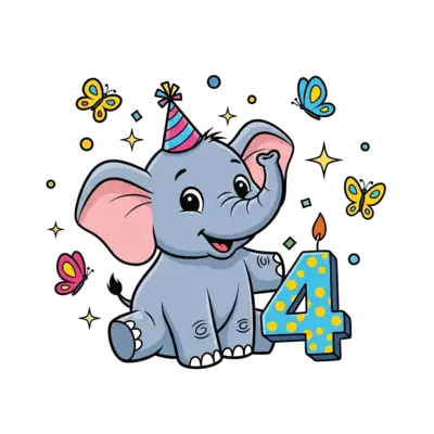 Design: A cheerful, cute cartoon baby elephant wearing a small party hat, playfully s...