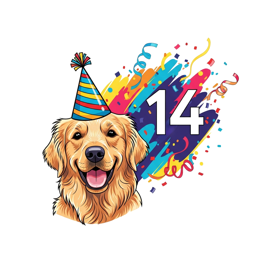 Custom design: A cool, graphic illustration of a happy dog (like a Golden Retriever or Labrador) wearing a stylish party hat, with t...