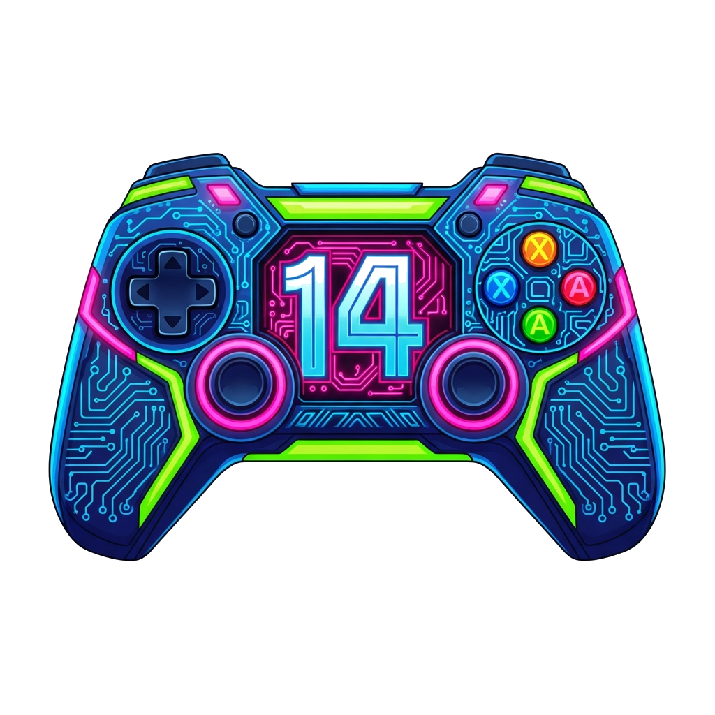 Custom design: A bold, futuristic gaming controller design with neon lights and circuit patterns, incorporating the number '14' prom...
