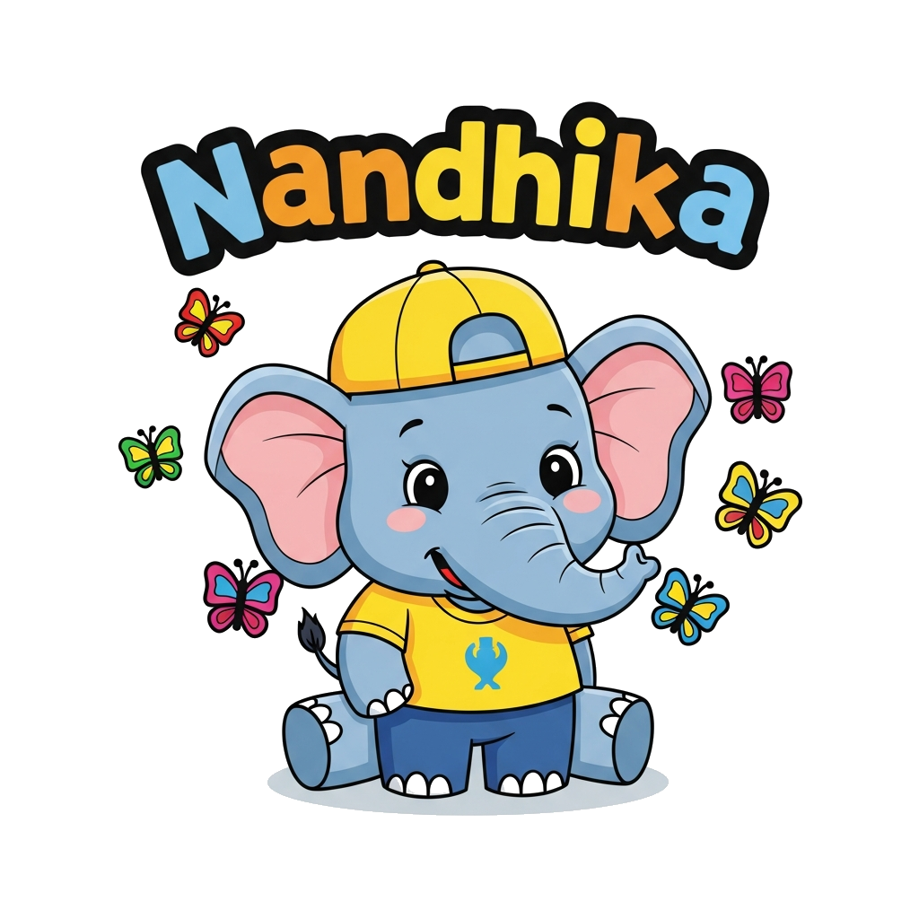 Custom design: Cute cartoon type elephant with some butterflies for my daughter's 4th birthday. 
Her name to be printed as Nandhika