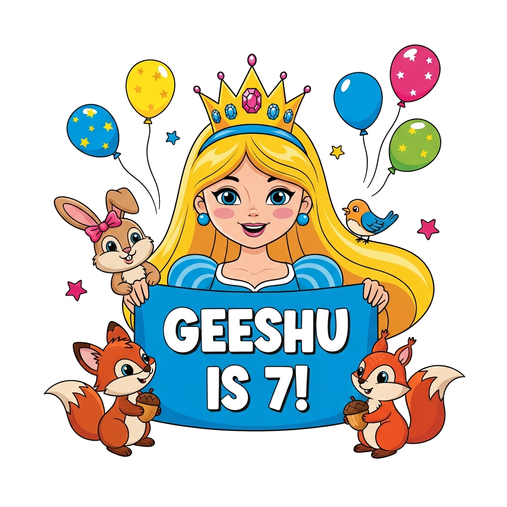 Custom design: A cheerful cartoon princess with a sparkling crown, holding a banner that says 'Geeshu is 7!', surrounded by cute enc...