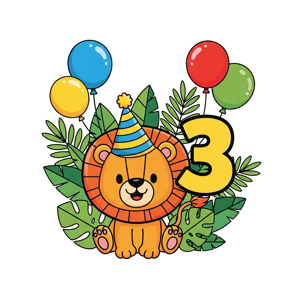 Custom design: A cheerful, cute cartoon baby lion wearing a party hat, surrounded by jungle leaves and balloons, with a prominent '3...