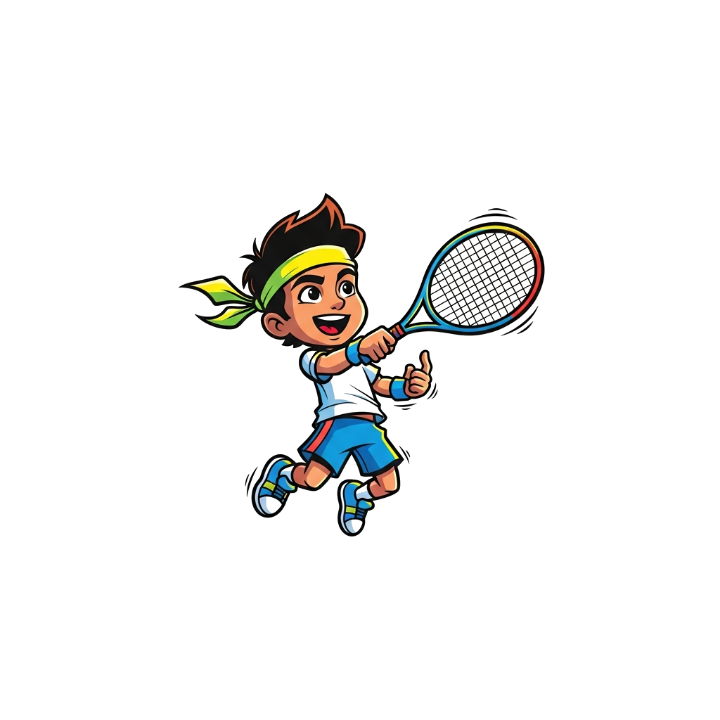 Custom design: A vibrant cartoon illustration of a young, energetic tennis player, mid-air for a powerful smash shot. The player has...