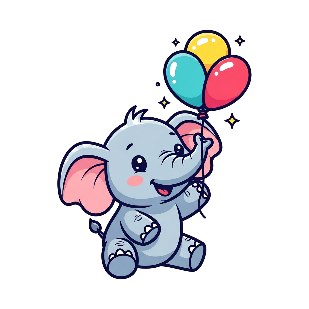 Custom design: A super cute cartoon baby elephant happily playing with a colorful balloon, vibrant and playful illustration style, w...