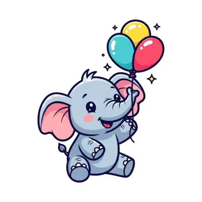 Design: A super cute cartoon baby elephant happily playing with a colorful balloon, v...