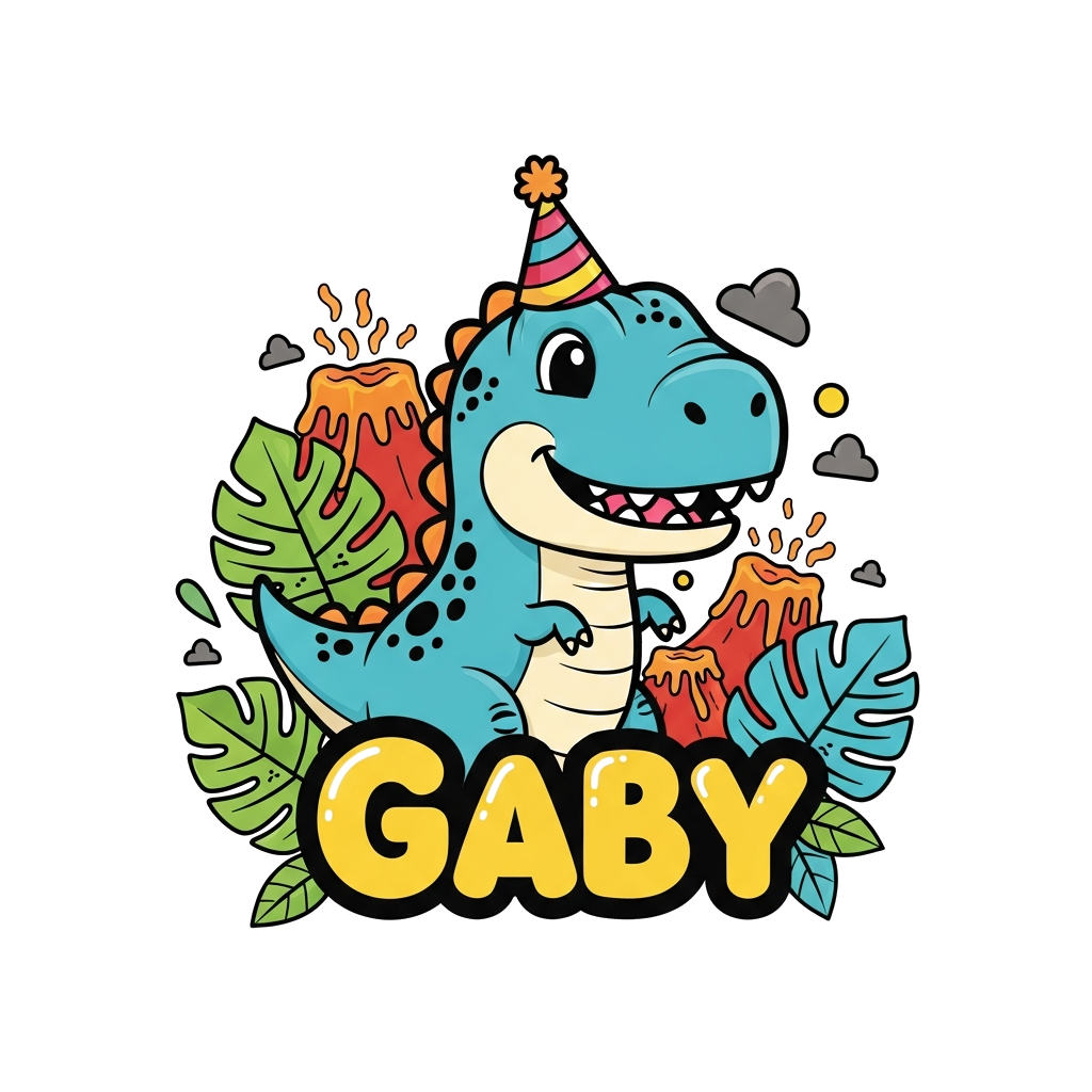 Custom design: A super cute, friendly cartoon T-Rex wearing a party hat, surrounded by colorful jungle leaves and tiny volcanoes, wi...