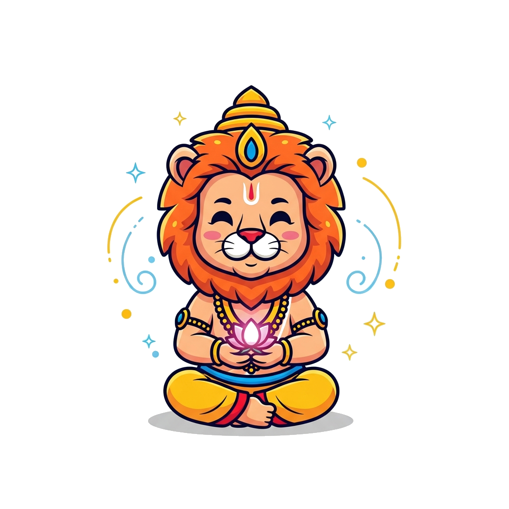Custom design: A super cute, chibi-style Lord Narasimha with a friendly, gentle lion face and a human body, wearing a tiny, simple c...