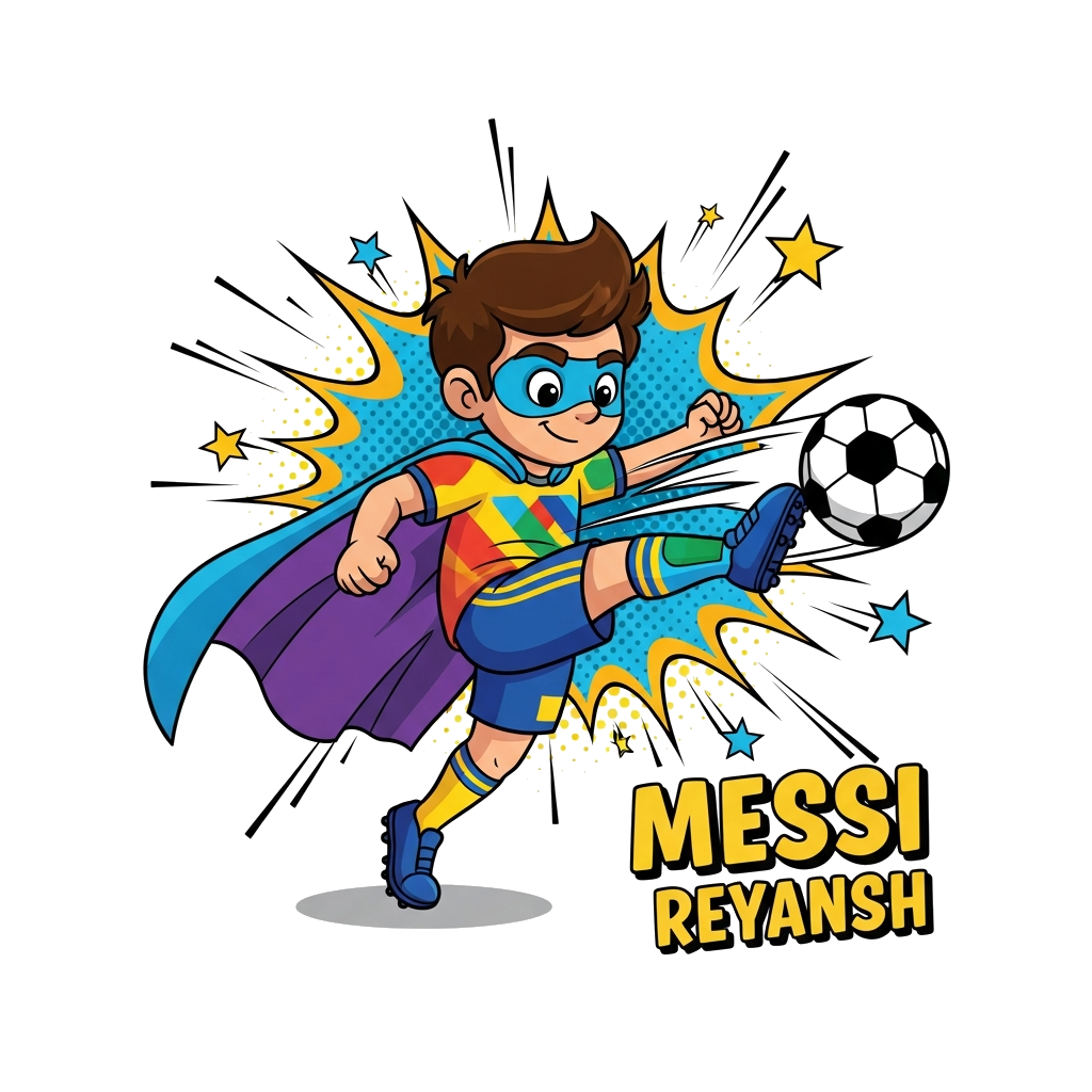 Custom design: A vibrant, playful cartoon illustration of a young superhero named "Messi Reyansh," wearing a colorful football jerse...