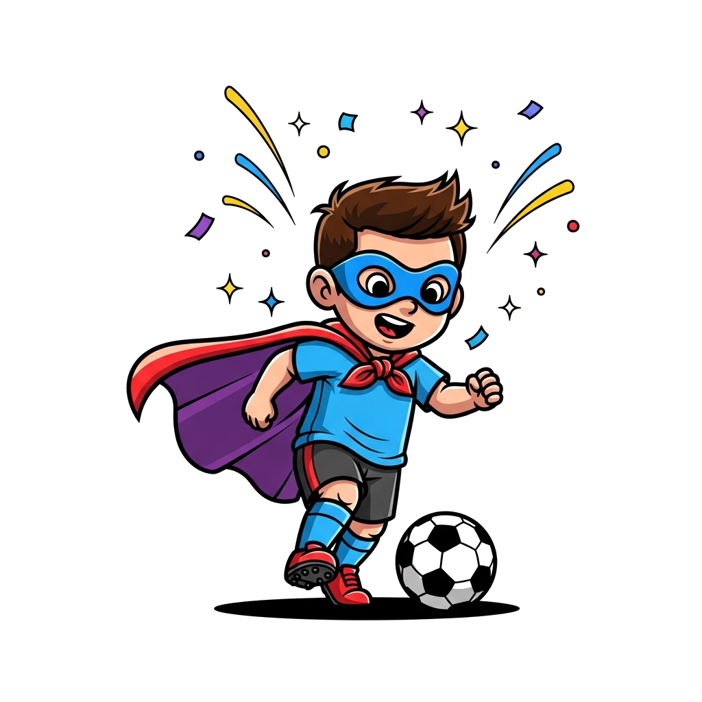 Custom design: A cheerful, dynamic illustration of a child (representing Messi Reyansh) dressed as a football superstar with a super...