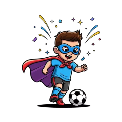 Design: A cheerful, dynamic illustration of a child (representing Messi Reyansh) dres...