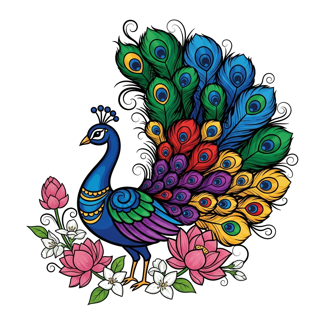Custom design: A majestic, stylized peacock with vibrant, jewel-toned feathers, fanning its tail gracefully amidst blooming pink lot...