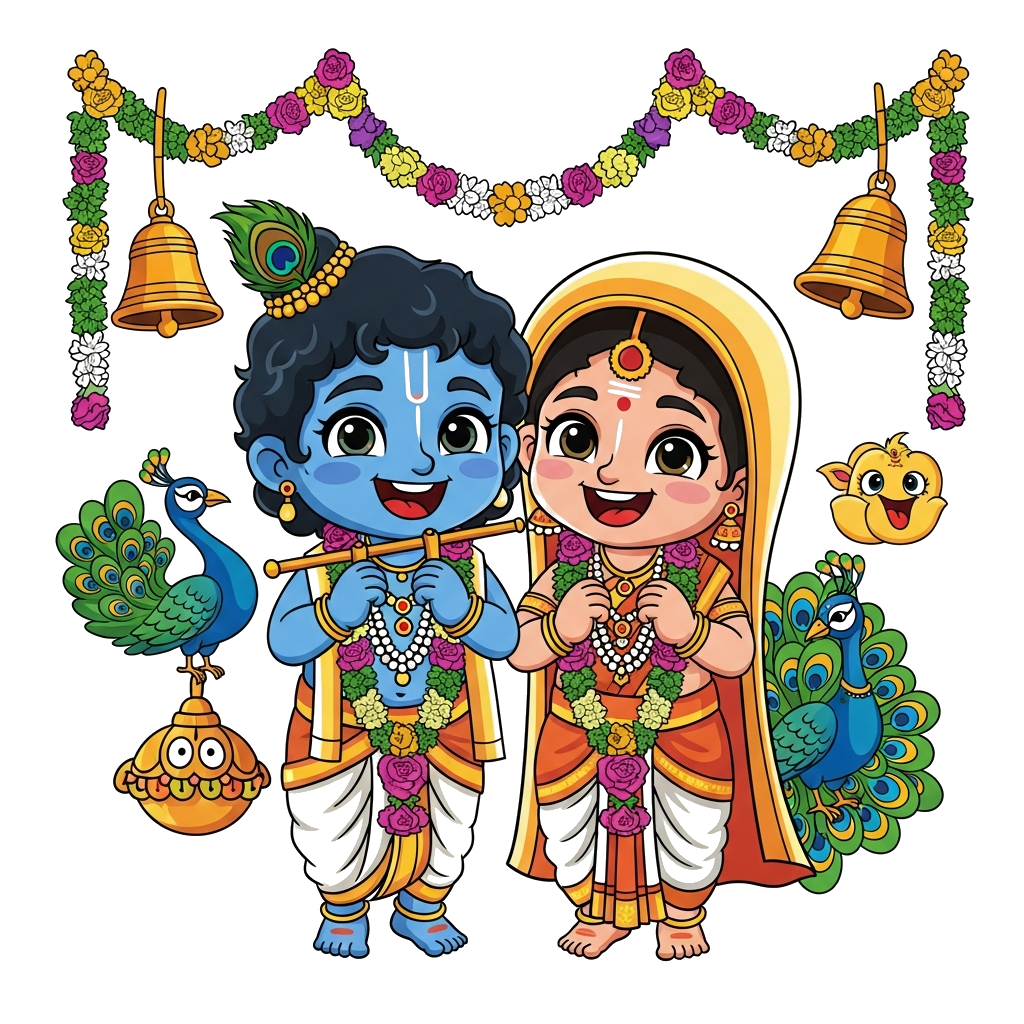 Custom design: A vibrant, cute cartoon illustration of young Andal and Krishna in traditional South Indian wedding attire, smiling h...