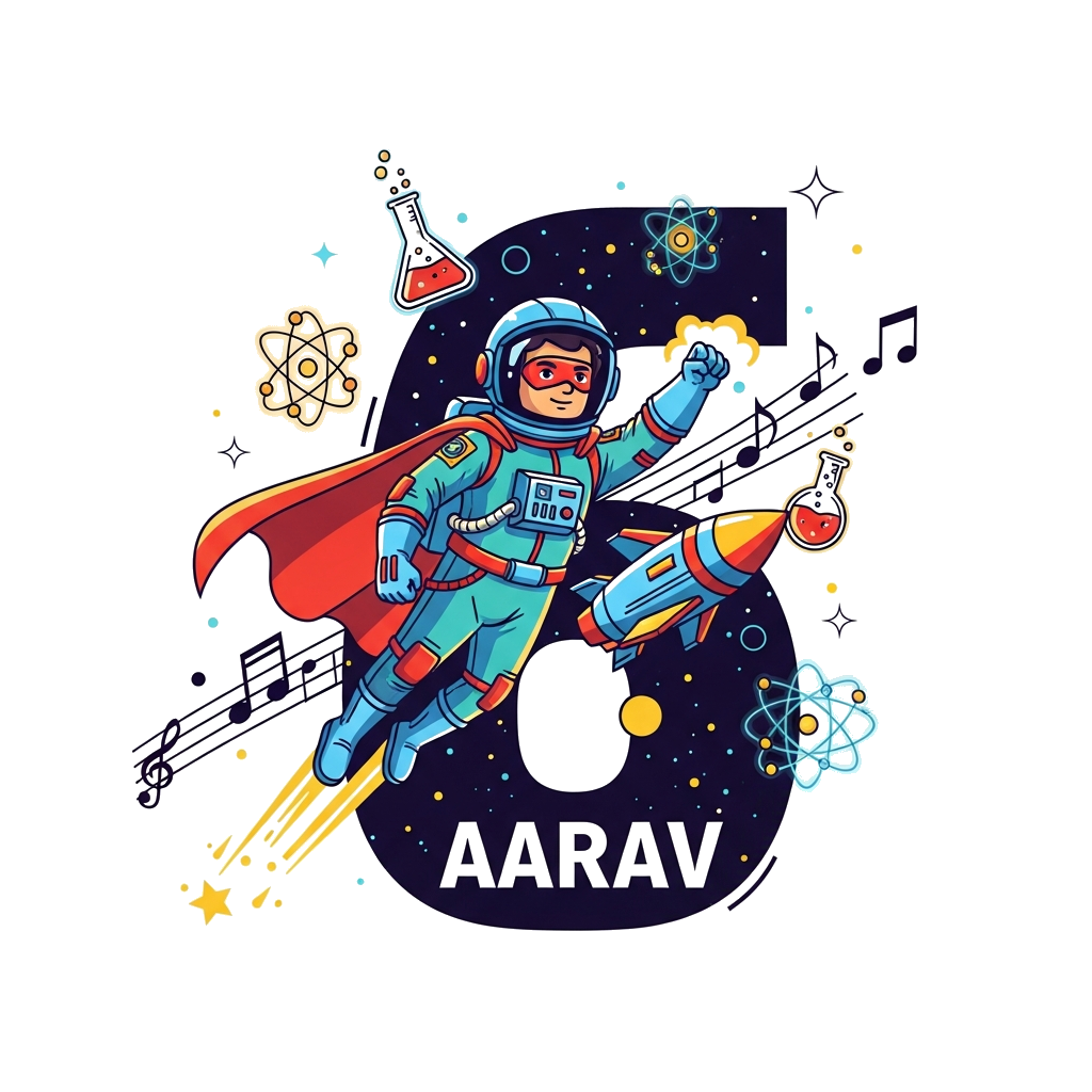 Custom design: A bold and cool illustration of a superhero astronaut named 'Aarav' flying through a cosmic scene, with a stylized '6...