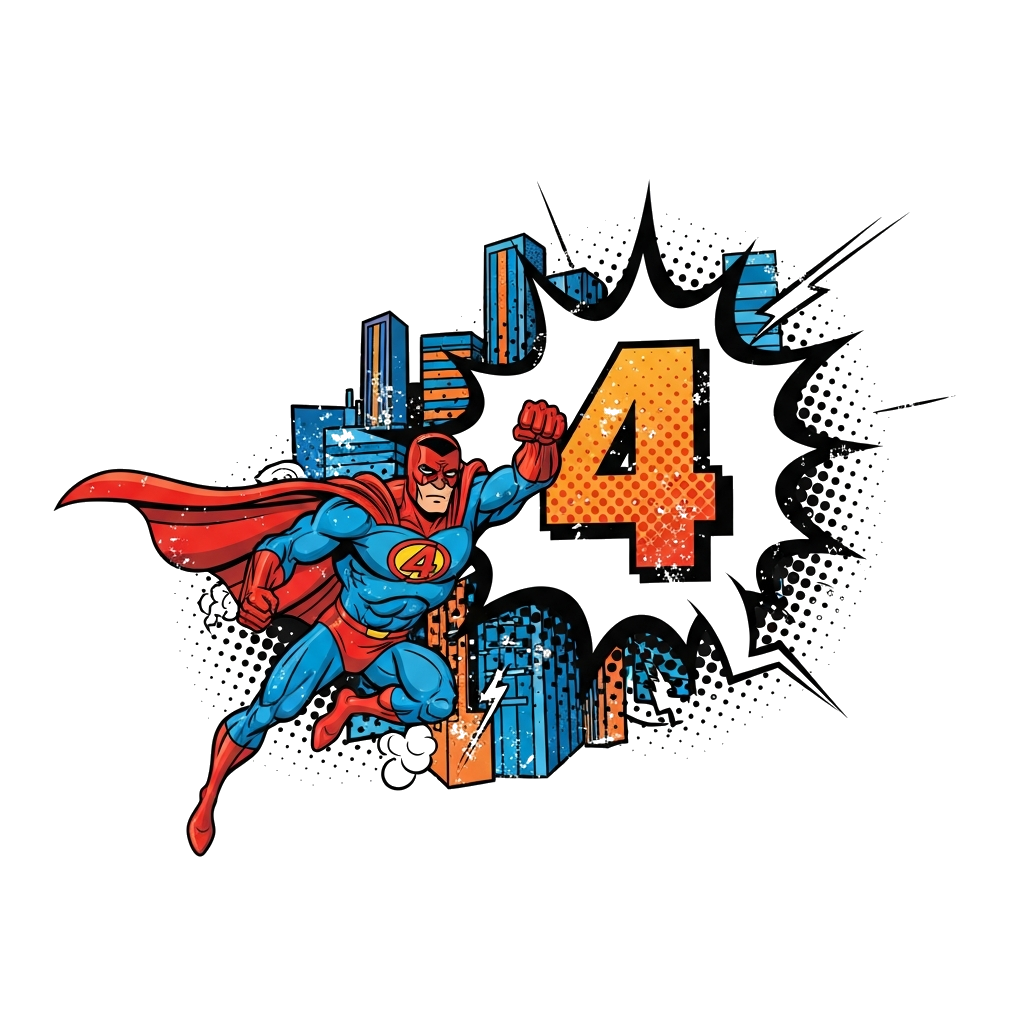 Custom design: A dynamic superhero flying through a city skyline, with a large, bold number '4' integrated into a classic comic book...