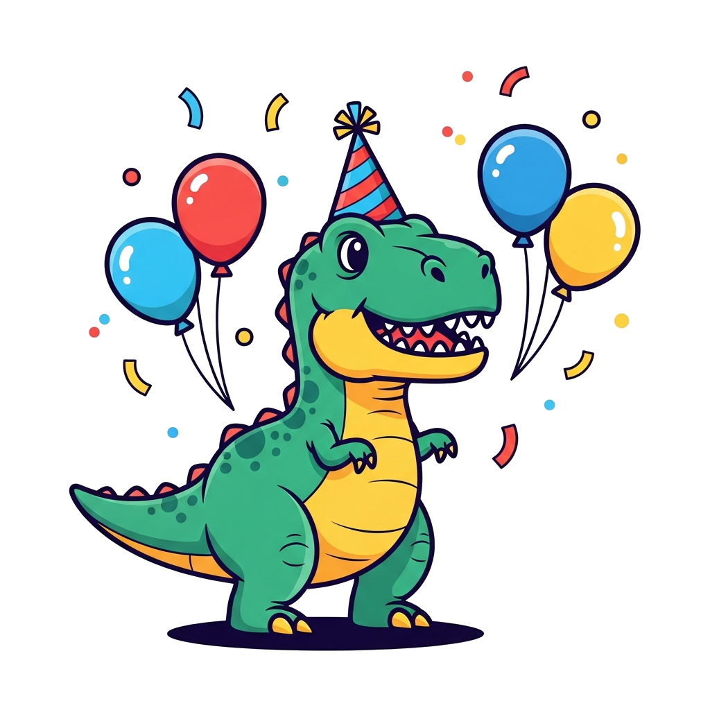 Custom design: A cute cartoon T-Rex wearing a party hat, surrounded by colorful balloons and confetti, in a playful, vibrant style, ...