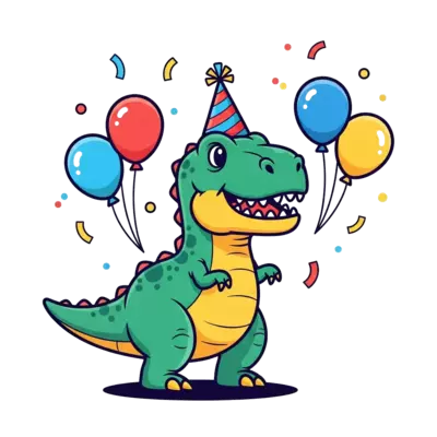 Design: A cute cartoon T-Rex wearing a party hat, surrounded by colorful balloons and...