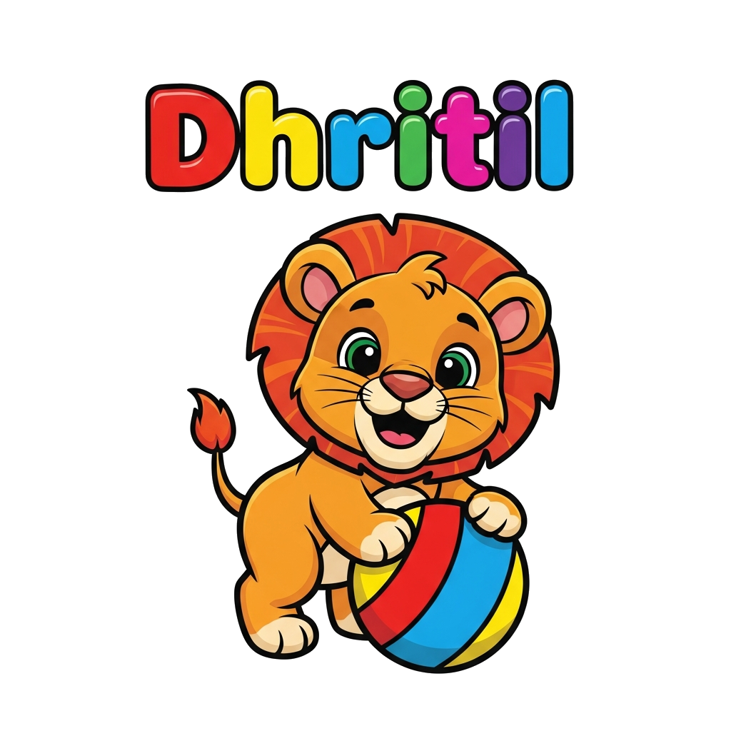 Custom design: A cheerful, cartoon baby lion cub playing with a colorful ball, with the name "Dhritil" written playfully above it, v...