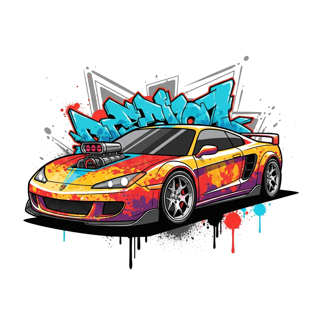 Custom design: A dynamic sports car, rendered in a vibrant graffiti art style, with spray paint effects, bold outlines, and urban st...