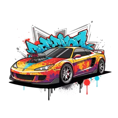 Design: A dynamic sports car, rendered in a vibrant graffiti art style, with spray pa...