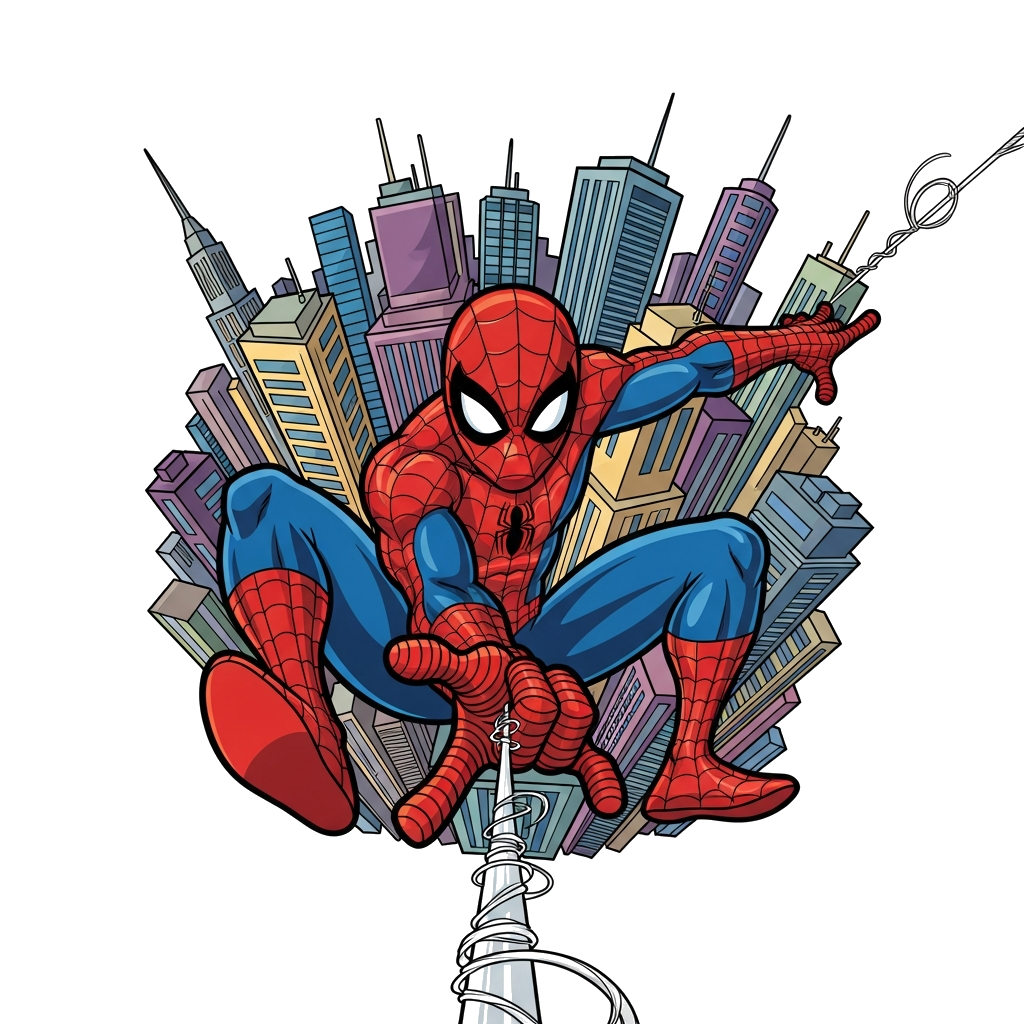 Custom design: A dynamic illustration of Spider-Man swinging through a city skyline, full of action and vibrant colors, comic book a...