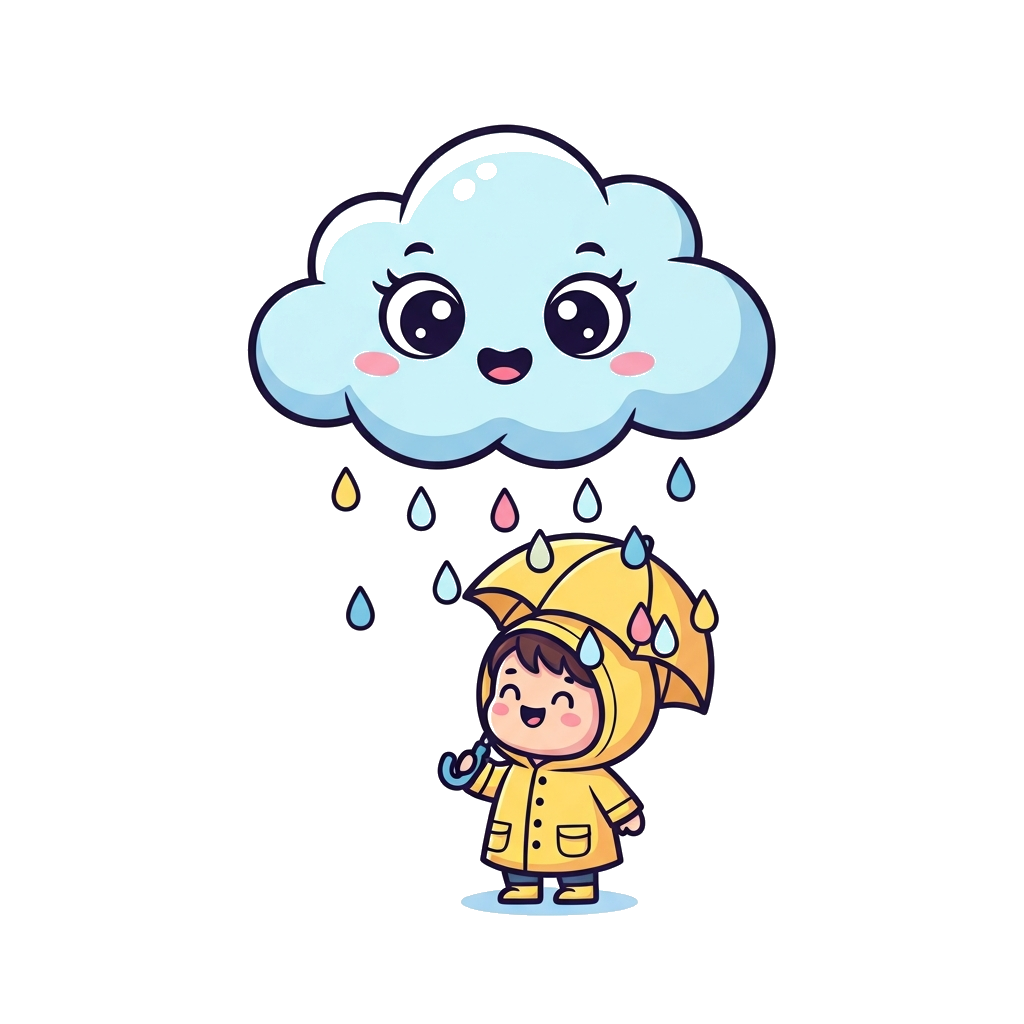 Custom design: A cheerful cartoon cloud character with big, friendly eyes, gently raining colorful raindrops onto a happy little Aad...