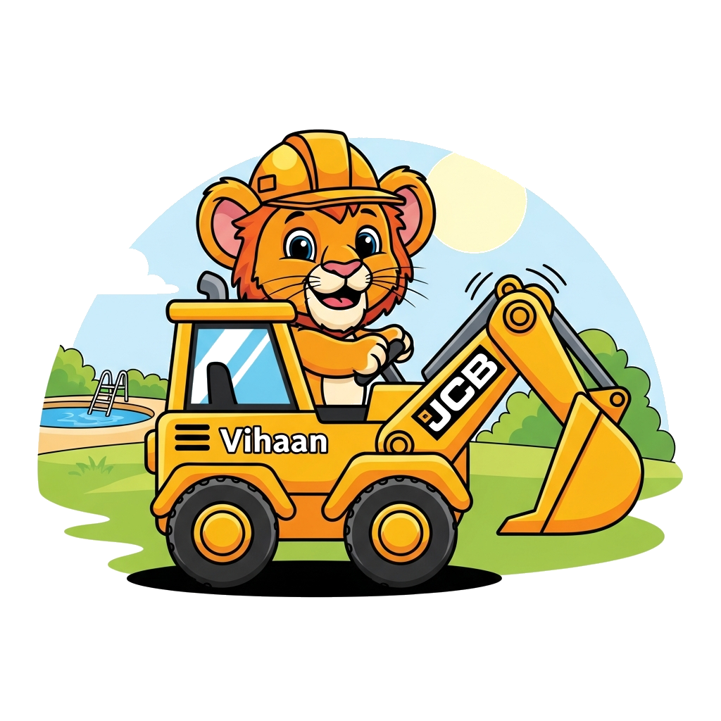 Custom design: A cute cartoon lion cub wearing a tiny construction hat, driving a cheerful yellow JCB digger, with 'Vihaan' written ...