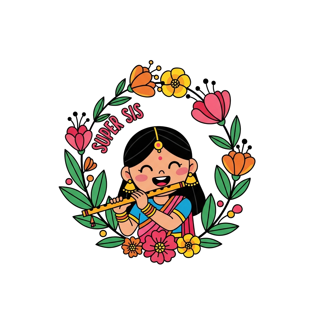 Custom design: A joyful cartoon girl with a traditional Indian musical instrument (like a sitar or flute) surrounded by vibrant, sty...