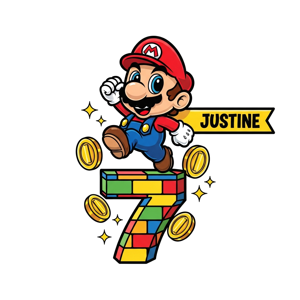 Custom design: A super cute cartoon Mario character, with oversized eyes and a friendly smile, jumping over a number '7' made of col...