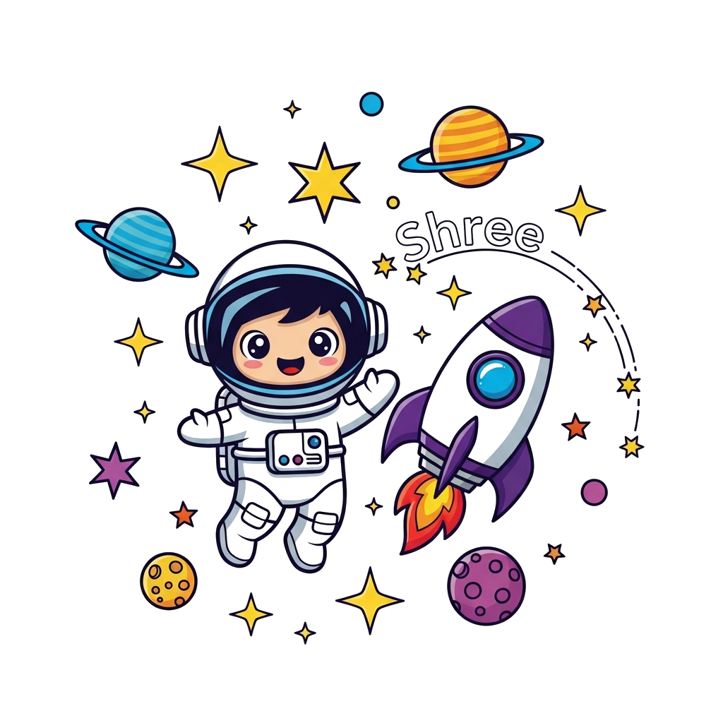Custom design: A cute cartoon astronaut character with big friendly eyes, floating in space next to a rocket, surrounded by twinklin...