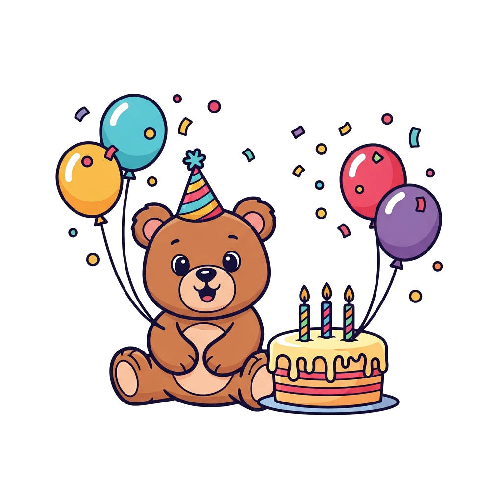 Custom design: A cute cartoon baby bear wearing a tiny party hat, sitting next to a colorful birthday cake with three candles, surro...