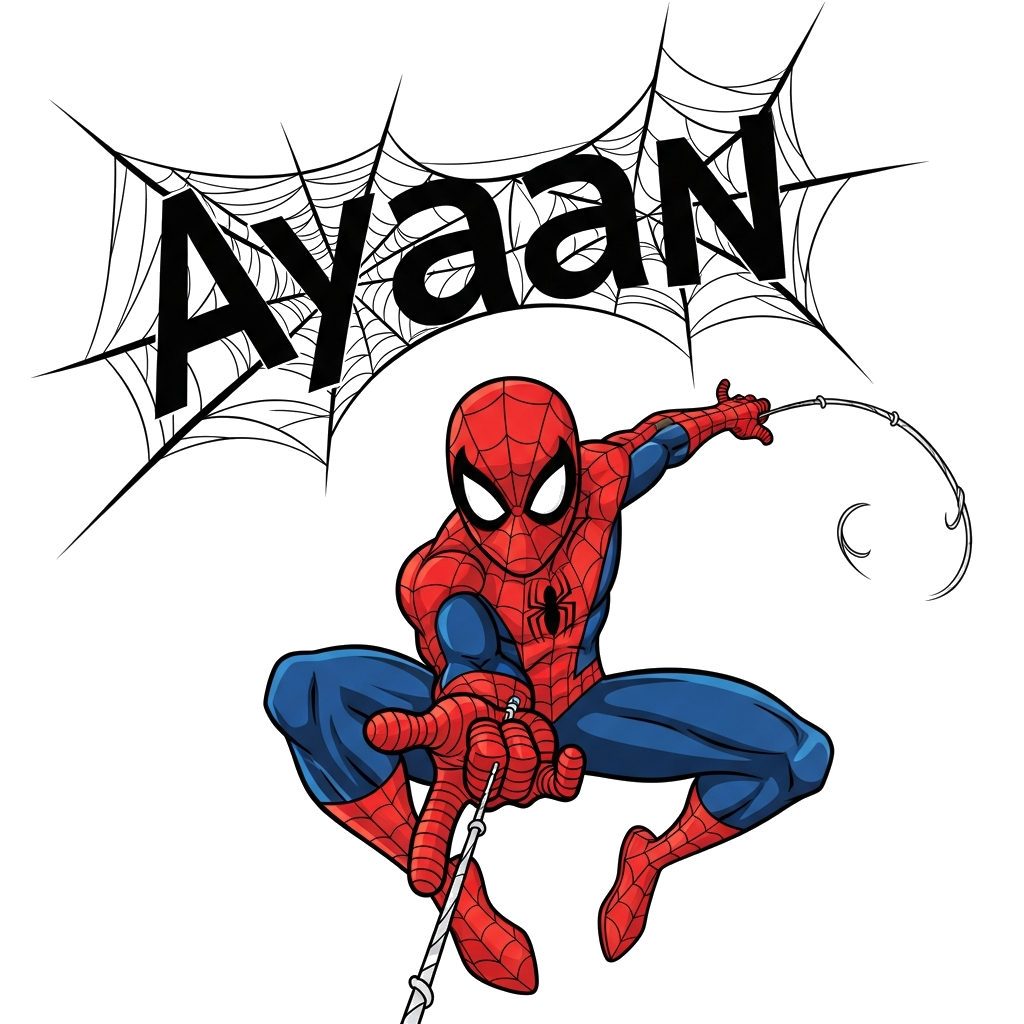 Custom design: A dynamic, bold illustration of Spider-Man in an action pose, with a powerful, graphic novel aesthetic. His name 'Aya...