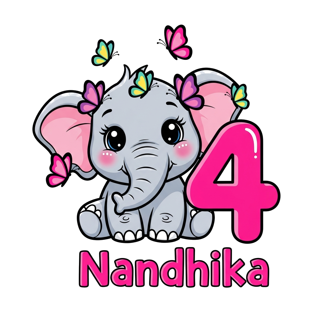 Custom design: Cute cartoon type elephant with some butterflies for my daughter's 4th birthday. 
Her name to be printed as Nandhika