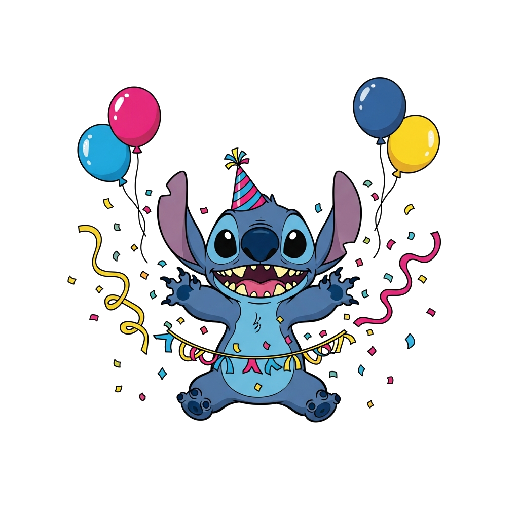 Custom design: A super cute cartoon Stitch in a playful, mischievous pose, wearing a tiny festive party hat, surrounded by colorful ...