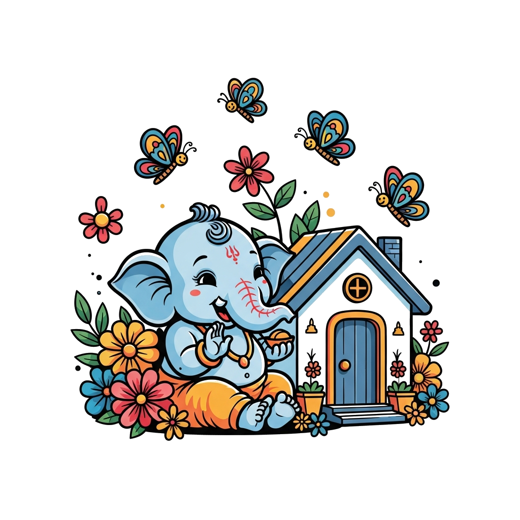 Custom design: A cute, cartoon-style baby Ganesha with a joyful expression, sitting near a tiny, cozy new home, surrounded by colorf...