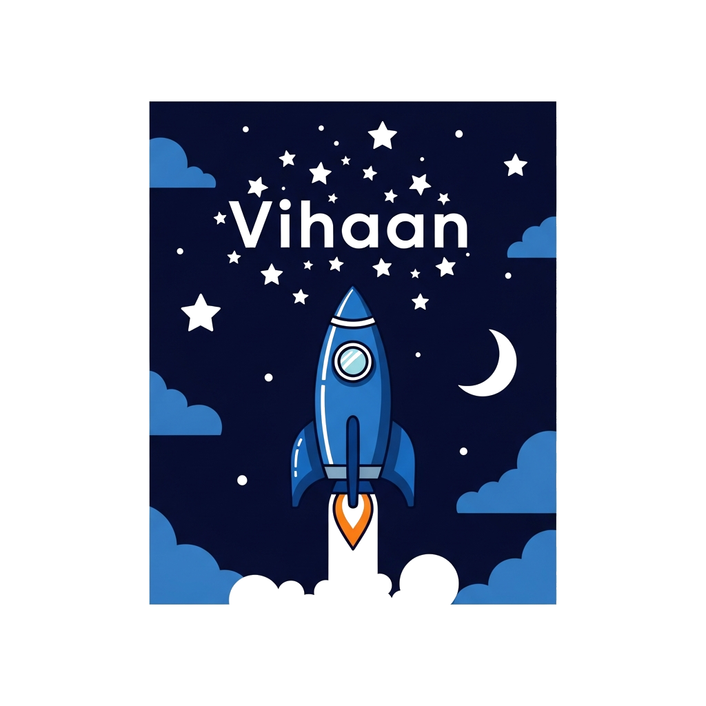 Custom design: A minimalist illustration of a sleek rocket launching into a starry night sky, with 'Vihaan' subtly integrated into t...