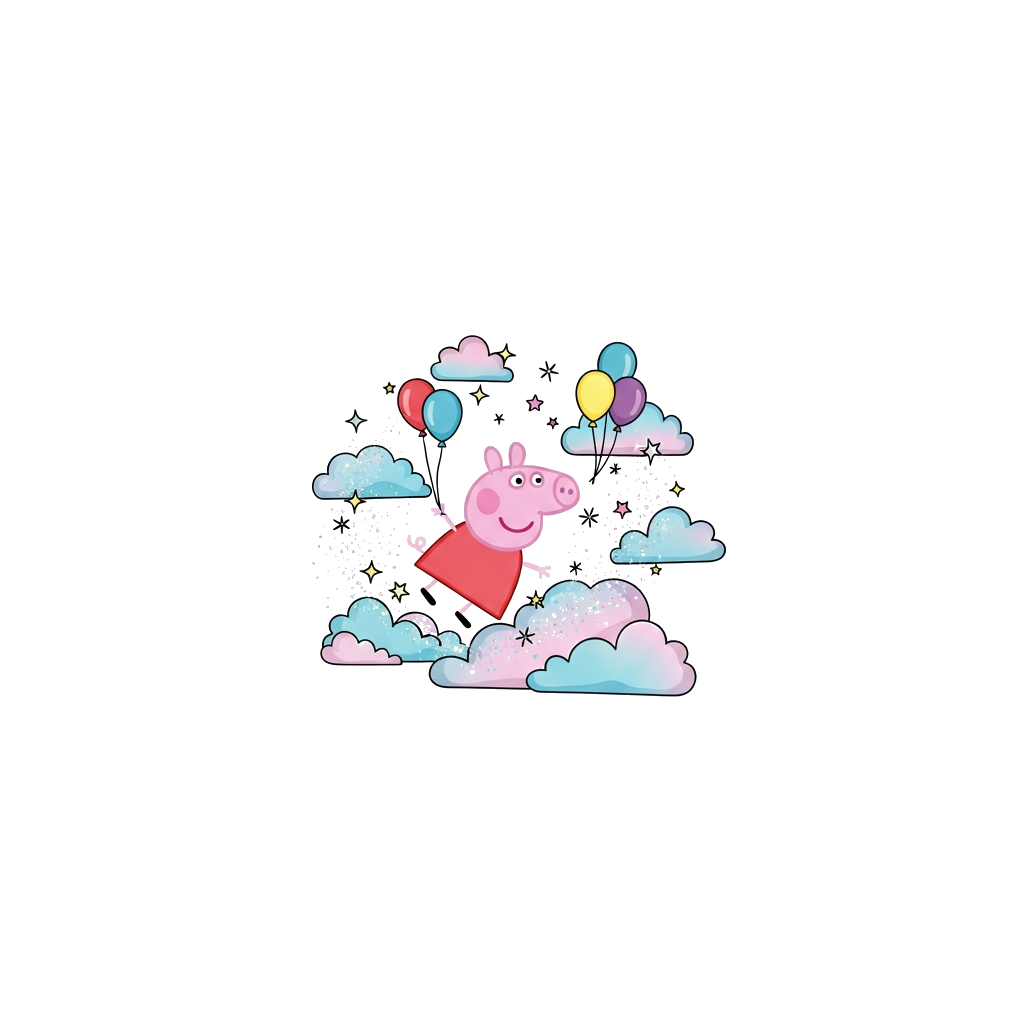 Custom design: Peppa Pig character, drawn in a soft, whimsical storybook illustration style, floating gently amidst pastel clouds an...