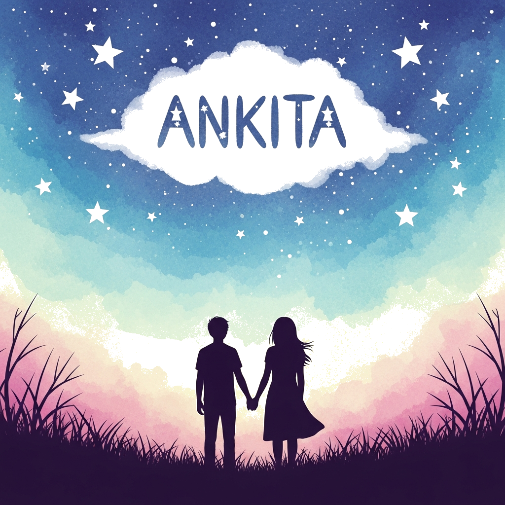Custom design: A whimsical illustration of two silhouetted figures holding hands under a starry night sky, with 'Ankita' subtly inco...