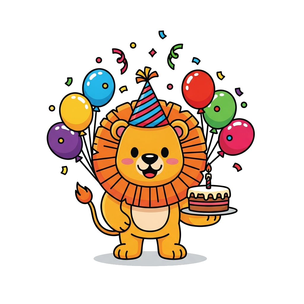 Custom design: A cheerful cartoon lion wearing a party hat, surrounded by colorful balloons and confetti, holding a birthday cake wi...