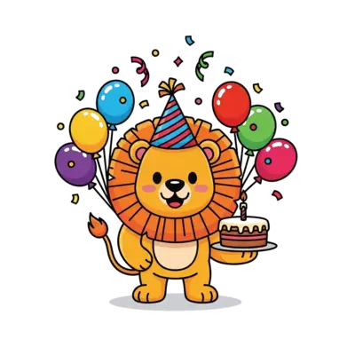Design: A cheerful cartoon lion wearing a party hat, surrounded by colorful balloons ...